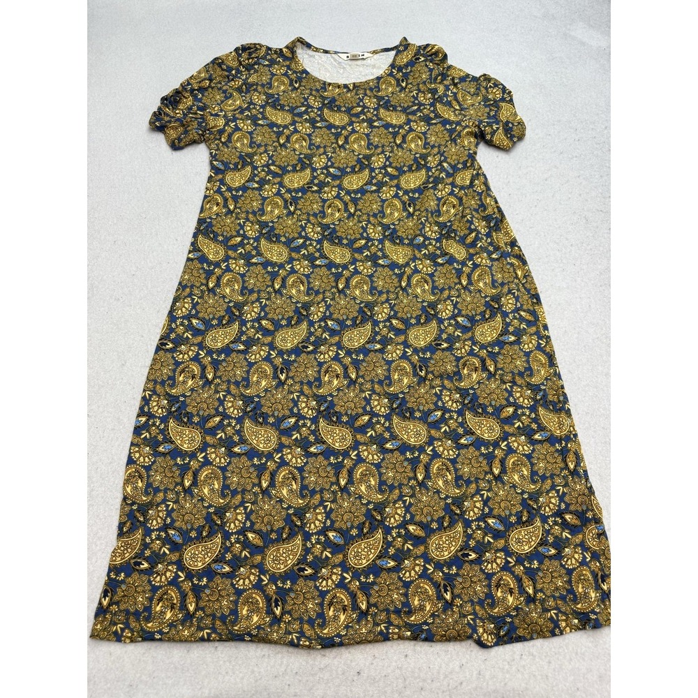 Boden Dress Womens 12 Blue Gold Paisley Short Sleeve T-Shirt Shift Knee Length
